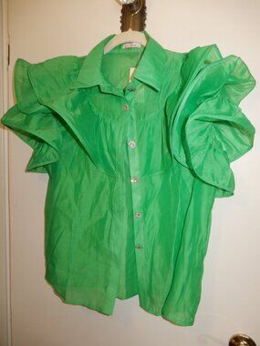 LA' ROS sheer green ruffled blouse with bling buttons